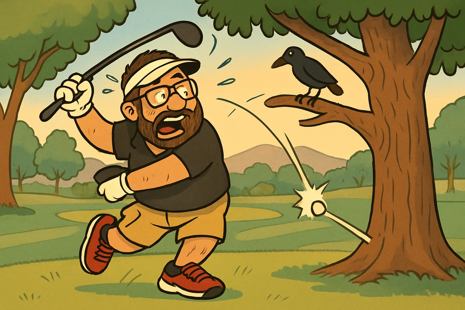 Cartoon Jim spins through an over-rotated swing under a big old tree as his ball pings off the trunk back toward him, while a crow on a low branch looks on like an unimpressed judge.
