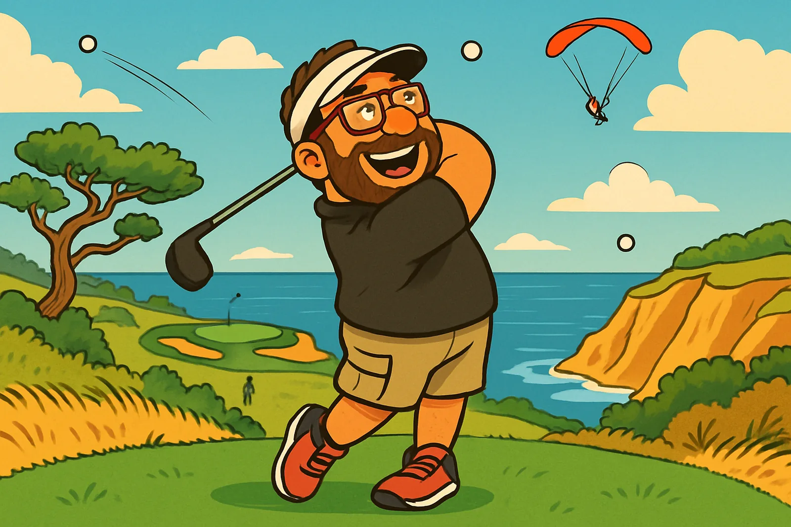 Cartoon Jim finishes his swing on a clifftop tee above the Pacific while his golf ball floats high in the sea breeze beside a drifting paraglider.