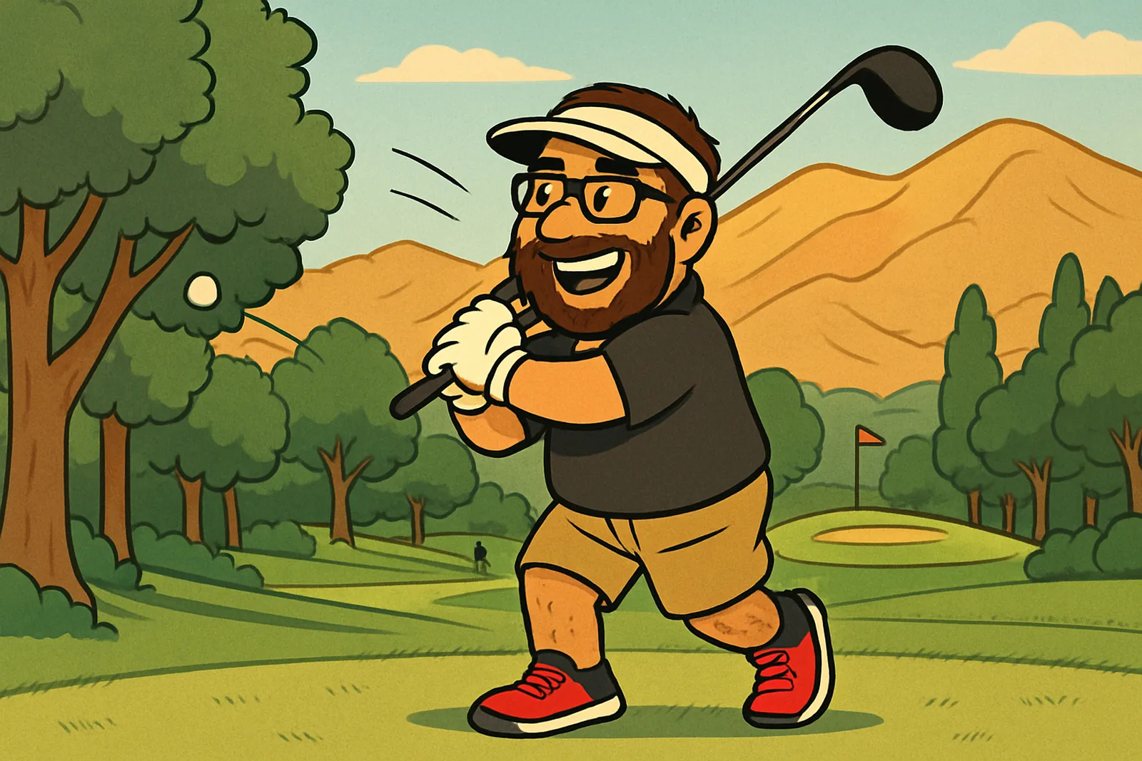 Cartoon Jim grins through his follow-through on a narrow tree-lined fairway as his ball flies straight into the trees on the left, with golden-brown mountains rising behind.