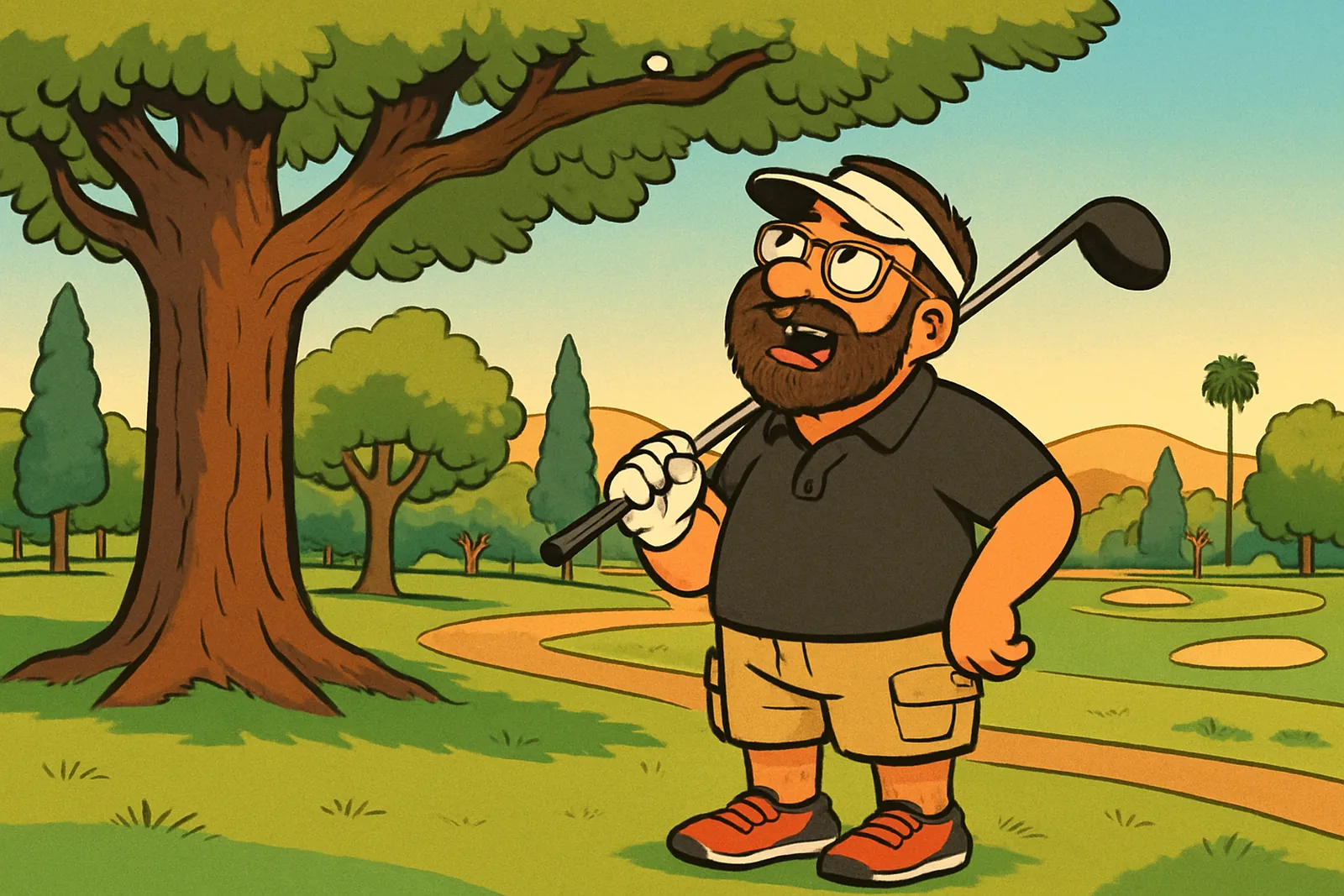 Cartoon Jim stands beneath a huge old tree on a sunny fairway, driver over his shoulder, glancing up at his golf ball perched on a high branch, with palm trees and golden hills behind.