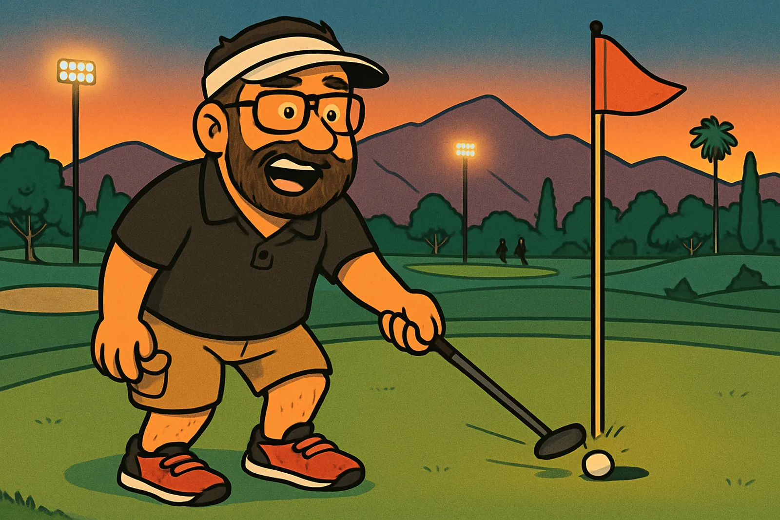 Cartoon Jim stares in open-mouthed disbelief beside the flagstick on a floodlit green at dusk, putter still extended toward the cup, with tall course lights, palm trees and the San Gabriel Mountains dusky purple behind him.
