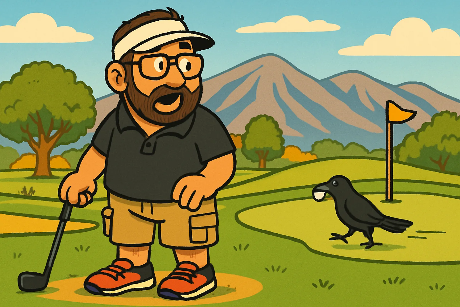 Cartoon Jim stands at the foot of a raised green, putter in hand, staring up as a crow struts away across the green with his shiny coin ball marker in its beak, the San Gabriel Mountains behind.