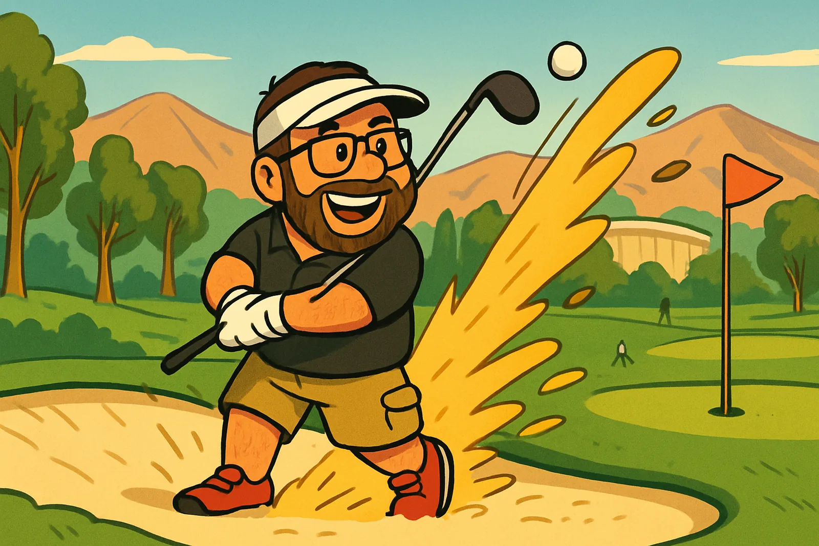 Cartoon Jim swings a wedge in a greenside bunker, sand spraying everywhere as his ball pops toward the flag, with the rim of a historic stadium beyond the trees and the San Gabriel Mountains behind.