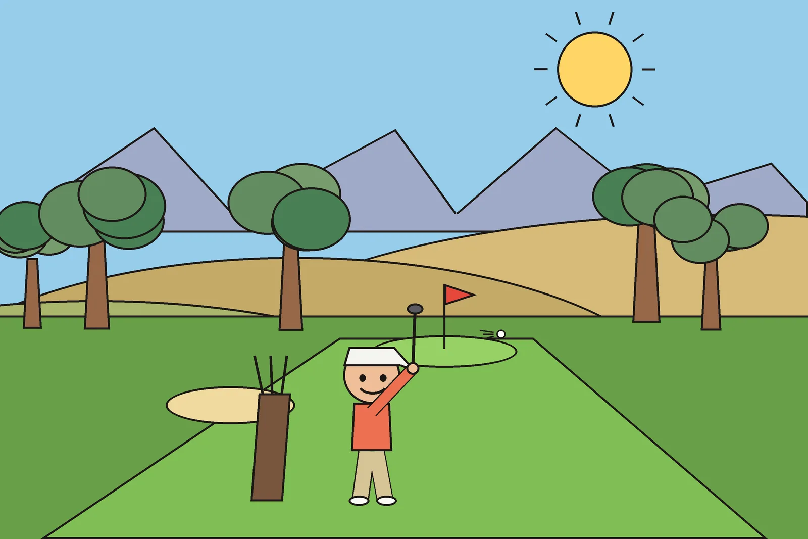A cartoon golfer in a white cap and orange shirt raises his club on a sunny fairway, with his bag beside him, a red flag on the green, and leafy trees and golden hills behind.