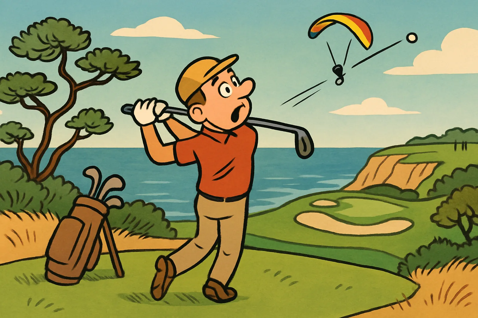 Cartoon Jim finishes his swing on a clifftop tee above the Pacific while his golf ball floats high in the sea breeze beside a drifting paraglider.